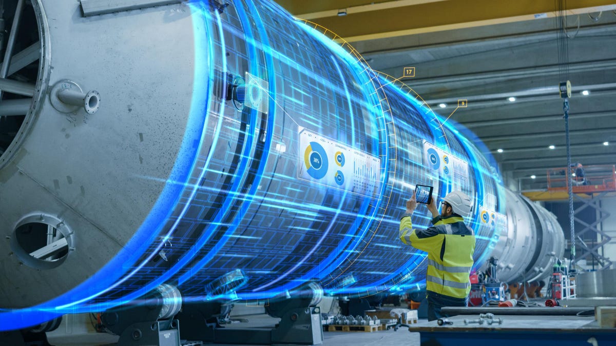 Digital twin overlay on industrial pressure vessel in plant