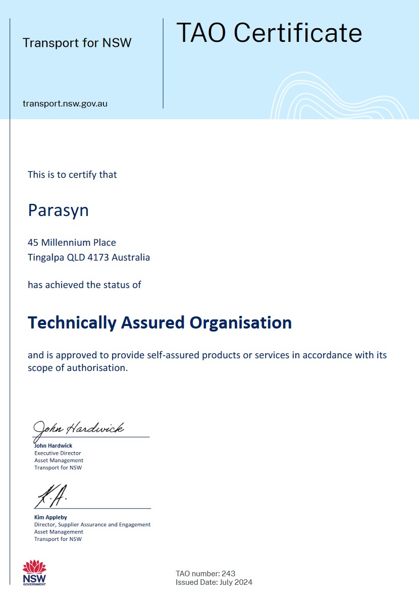 Parasyn engineering team delivering TfNSW Technically Assured Organisation accredited work